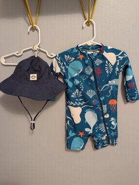 Up And Fast Ocean Print Rashguard Swimsuit Zip Onesie Sun Bucket Hat Upf
